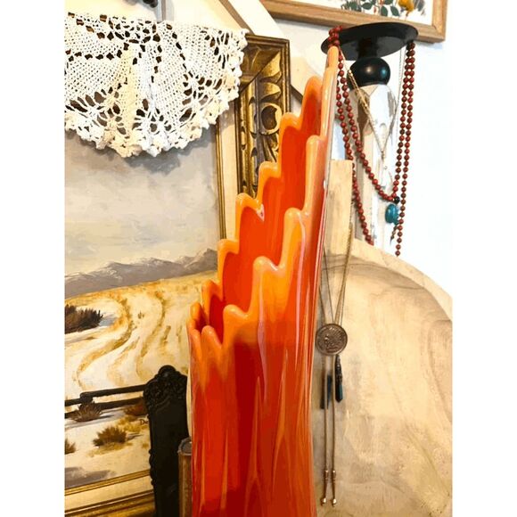 Vintage L.E. Smith Bittersweet Large Orange Swung Glass Diamond Butt Vase 24" - Picture 5 of 7